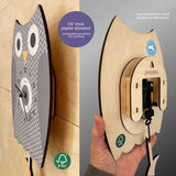 Side and back views of a wooden owl wall clock made from 1/4-inch poplar plywood with a pendulum mechanism