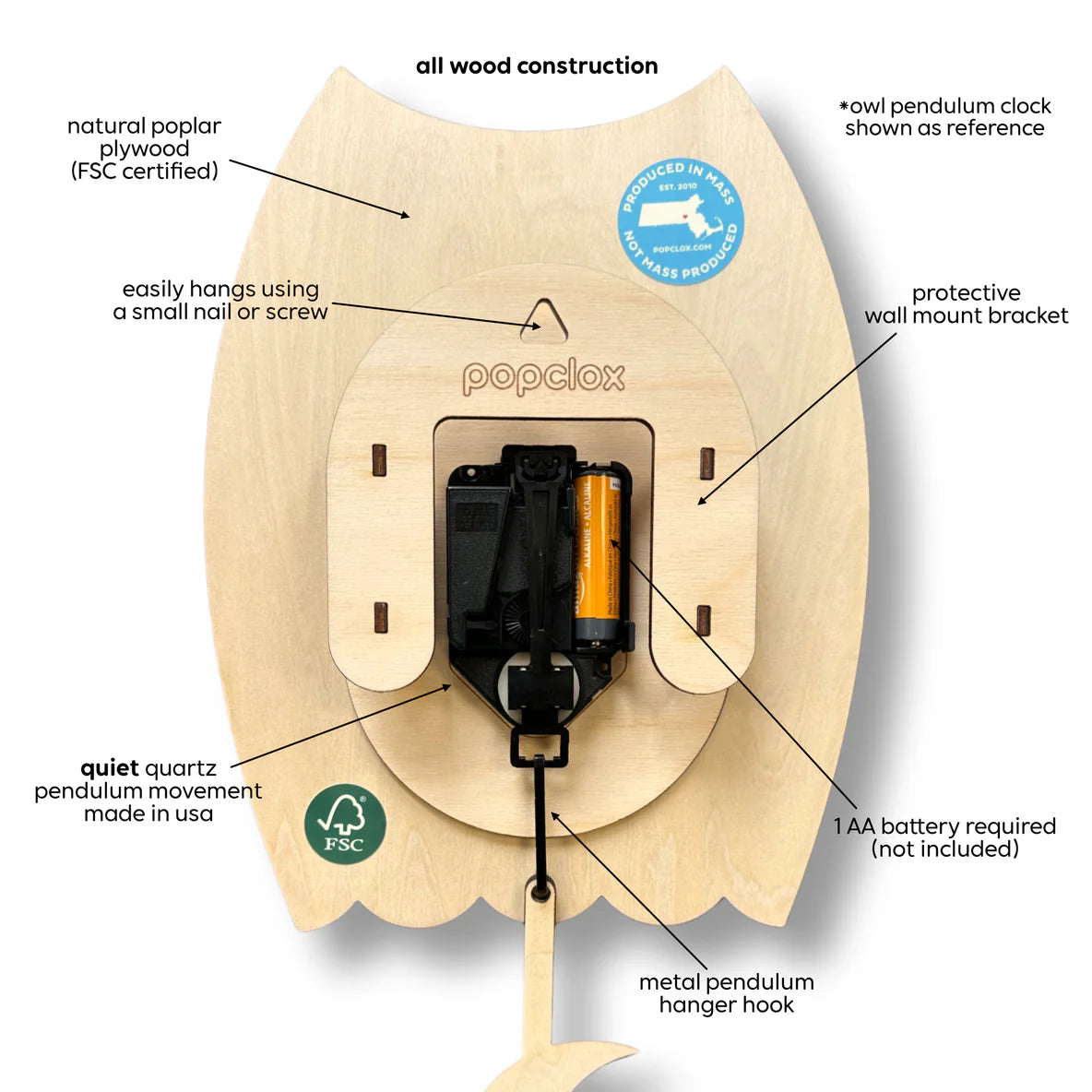 Back view of wooden owl clock showing natural plywood, battery compartment, and pendulum hanger hook details