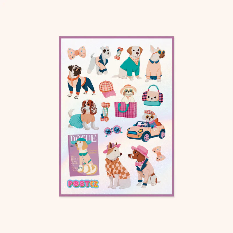 4.25" x 5.8" sheet featuring 17 stickers of dogs in outfits, and other fashionable items.