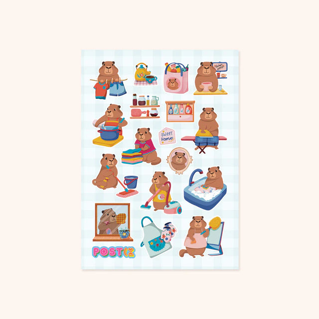 4.25" x 5.8" sticker sheet featuring 17 adorable marmots tackling chores like pros while looking absolutely charming.
