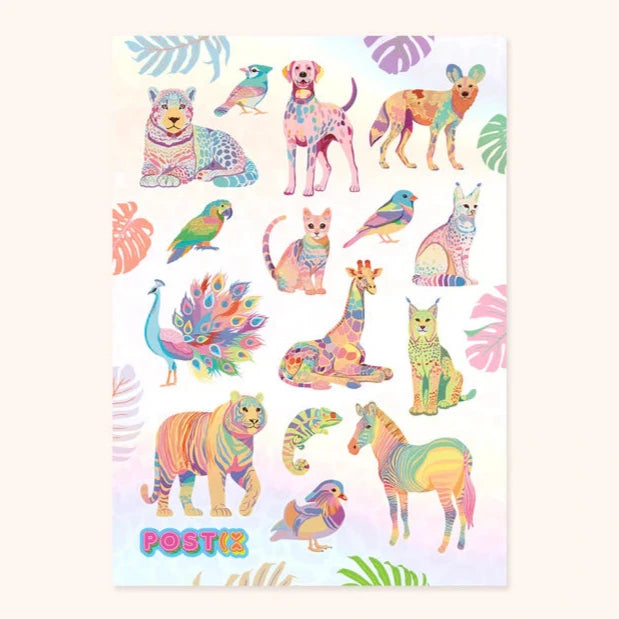 This 4.25" x 5.8" sticker sheet includes 15 rainbow-inspired stickers. Featuring a peacock, duck, zebra, giraffe, lizard and members of the dog, cat and bird families.