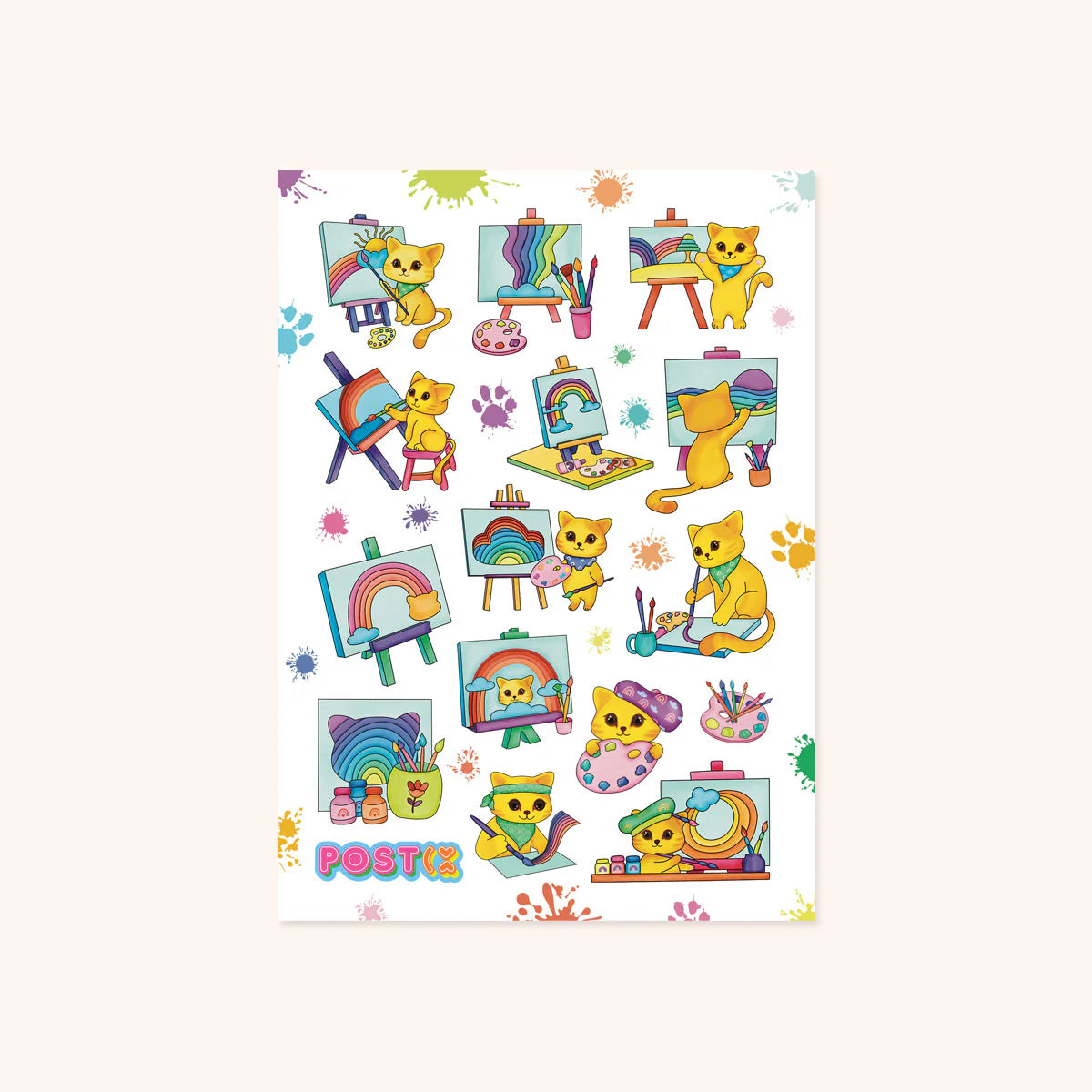 Sheet of glossy stickers featuring a cheerful yellow tabby cat painting colorful rainbows on easels and canvases