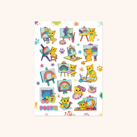 Sheet of glossy stickers featuring a cheerful yellow tabby cat painting colorful rainbows on easels and canvases