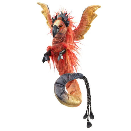 Phoenix Wristlet finger puppet with vibrant ombre wings, plush flames, and magnetic clasp tail wrap for imaginative play.