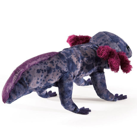 Black Axolotl Puppet plush in dark purple with movable head and fuchsia accents, depicting a Mexican amphibian.