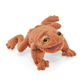 Orange Toad Finger Puppet featuring a textured orange toad with bulging eyes and a wide open smile