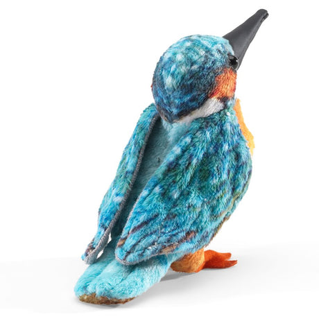 Common Kingfisher Finger Puppet showing colorful blue and orange plush bird with black bill for ages 3 and up.