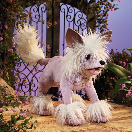 Chinese Crested Dog Puppet featuring a fluffy white dog with pink skin and oversized paws