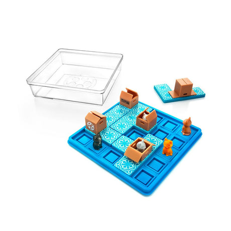Cats & Boxes puzzle game with colorful cats and boxes on a blue game board for single player fun and challenges.