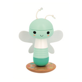 Cute mint green dragonfly stacker toy with smiling face and soft wings on wooden base for toddlers 12 months and up