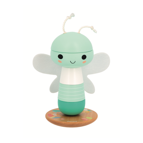 Cute mint green dragonfly stacker toy with smiling face and soft wings on wooden base for toddlers 12 months and up