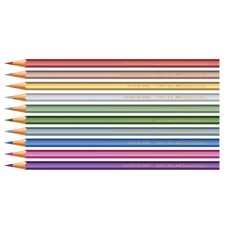 Metallic Colored Pencils set of 10 vibrant pre-sharpened colors with shimmering effect for smooth, durable art projects.