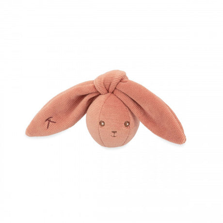 My Little Rattle Ball Bunny in terracotta, soft velour, with large ears and a bell inside for baby play and stimulation.