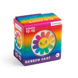 Wooden yo-yo with a colorful rainbow daisy design in bright packaging, suitable for children ages six and up.