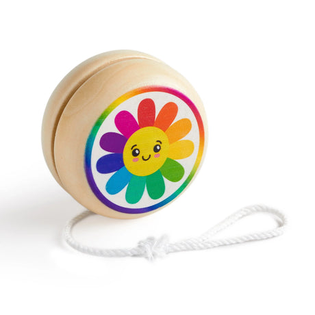 Wooden yo-yo with colorful smiling daisy illustration and attached white string on white background