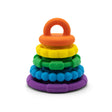 Colorful rainbow stacker toy with textured rings designed for teething and stacking activities for babies