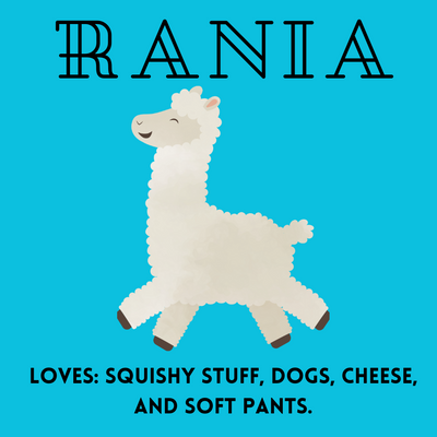 Cute fluffy white llama cartoon with a friendly smile on a blue background and playful text above and below