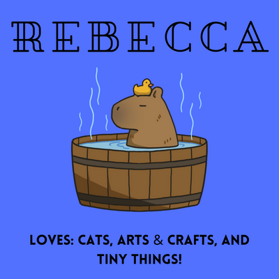 Cartoon bear relaxing in wooden hot tub with rubber duck on head against blue background with text Rebecca above.