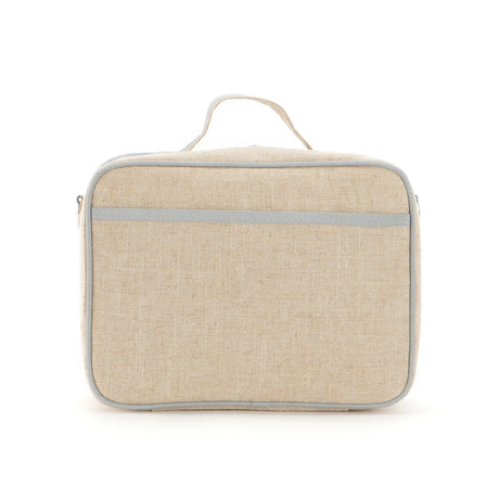 Lunch Box | Robot Playdate with linen/cotton exterior, insulated interior, handle, and front pocket for kids' meals.