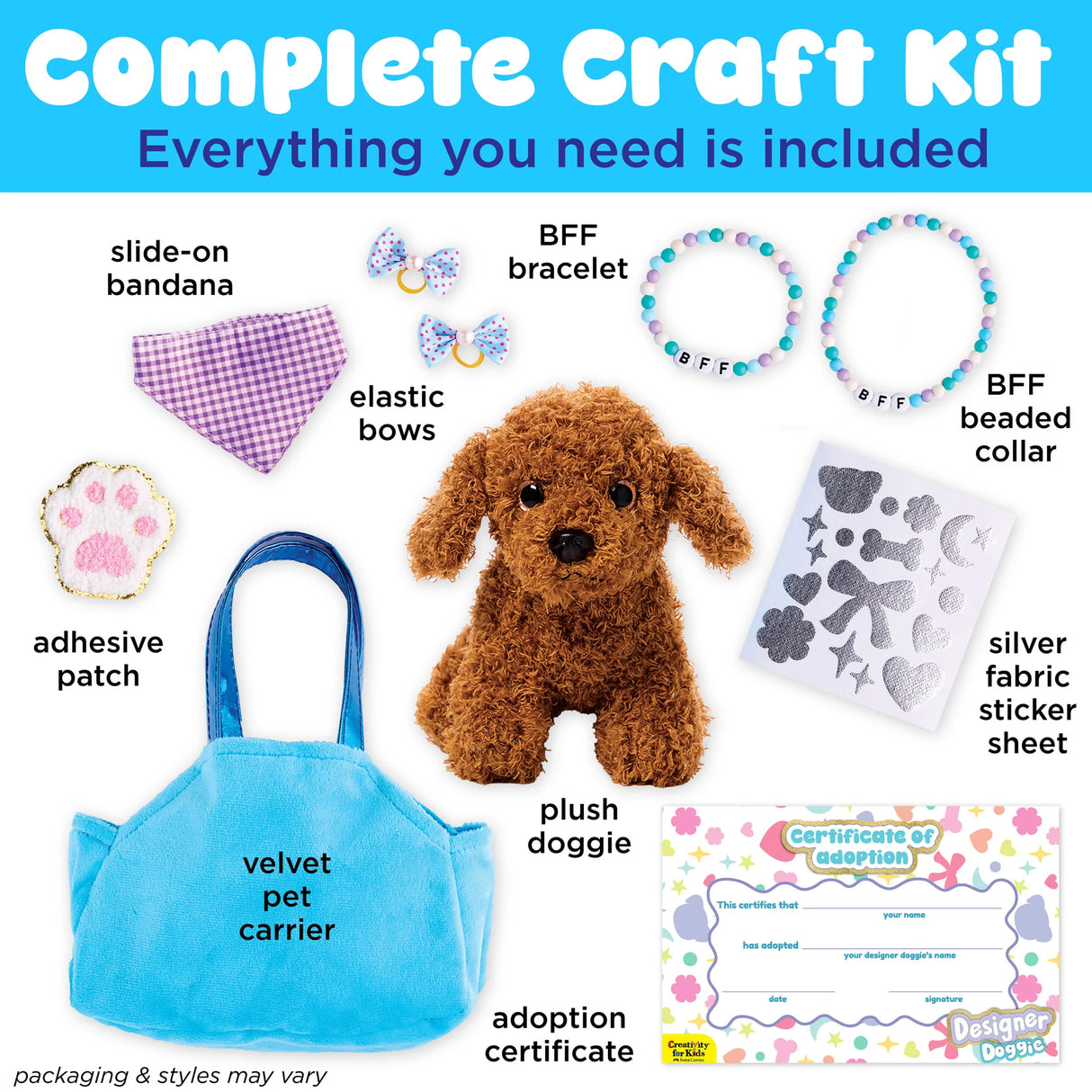 Plush brown dog with craft kit including pet carrier, bandana, bracelets, bows, stickers, patch, and adoption certificate