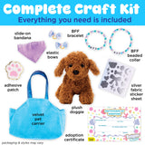 Plush brown dog with craft kit including pet carrier, bandana, bracelets, bows, stickers, patch, and adoption certificate