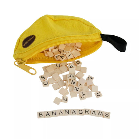 World's Smallest Bananagrams with yellow banana pouch and letter tiles spilling out for portable wordplay fun.
