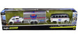 Race and garage themed 3-pack with two vehicles and an enclosed car trailer featuring racing inspired designs.