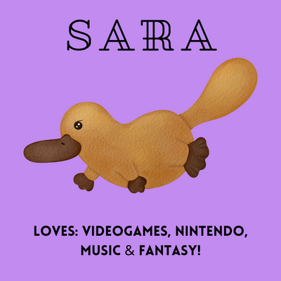 Illustration of a cute platypus with the name Sara on a purple background and a playful font.