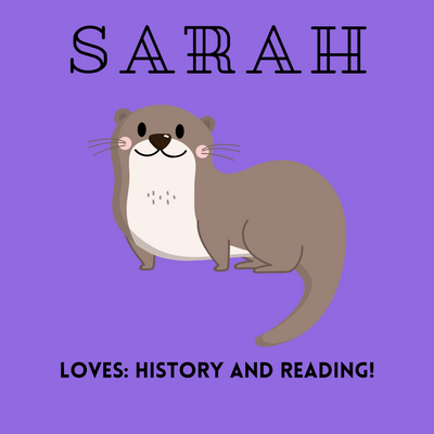 Cute cartoon otter on purple background with text about love for history and reading