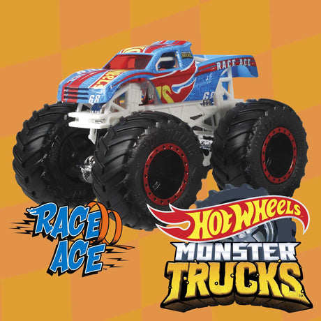 Hot Wheels Monster Truck 1:64 Race Ace with giant tires and detailed blue, red, and white design on orange background.