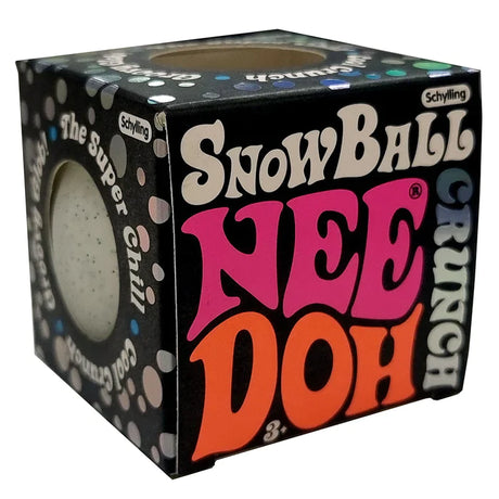 NeeDoh Snow Ball crunchy stress ball in black packaging with colorful text and polka dot design for ages 3 and up.
