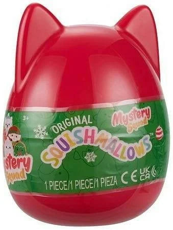 Red festive cat-eared capsule containing a surprise 4 inch holiday-themed Squishmallow plush toy inside
