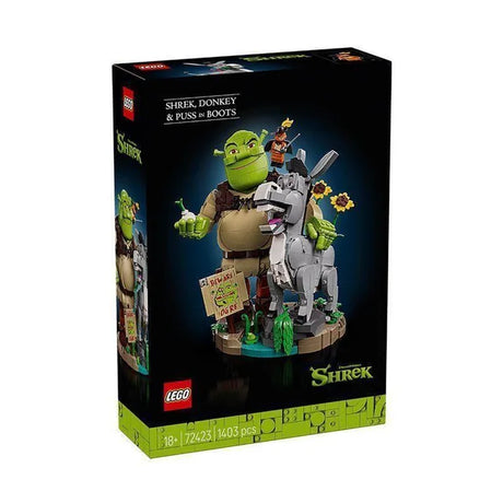 Shrek, Donkey & Puss in Boots LEGO set box featuring Shrek, Donkey and Puss figures