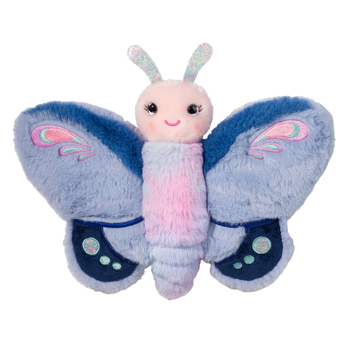 Plush butterfly toy with soft pastel blue and pink body, large blue wings with colorful embroidery, and smiling face