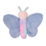Soft plush butterfly toy with pastel pink head, rainbow-colored body, large fuzzy lavender wings, and sparkly antennae