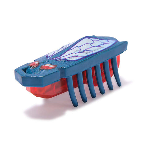 Hex Bots Nano Newton micro robotic bug toy with angular legs, wings, and vibrant blue and red body design.
