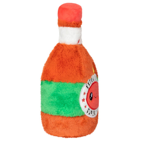 Soft plush orange and green Hot Sauce Snackers bottle with a smiley face and pepper details, perfect for cuddling.