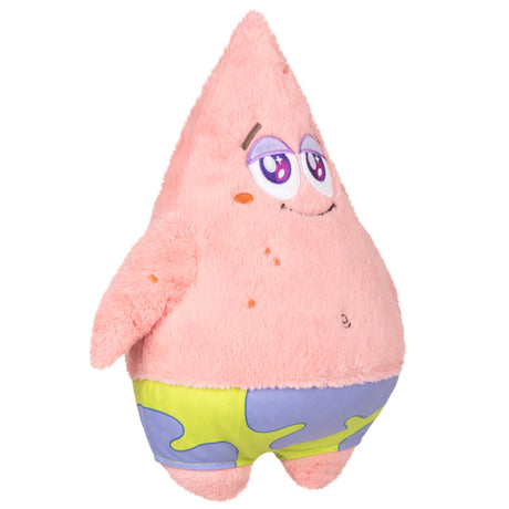 Spongebob Patrick plush toy with soft pink fabric and colorful shorts, perfect for all ages and cozy cuddles.