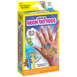 Color-In Neon Tattoos kit showing hand with colorful temporary tattoos and three bright markers for kids creative fun