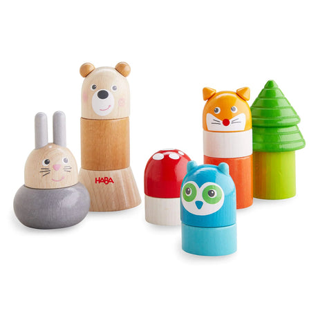 Forest Stacking Toy featuring colorful wooden forest animals and shapes for stacking and fine motor skill development.