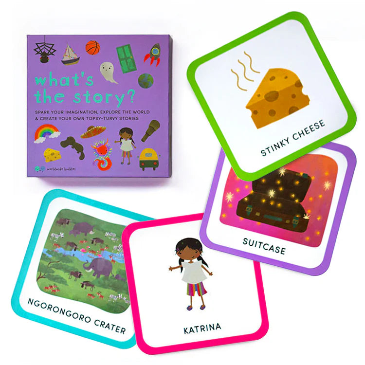 The front of a game called "What's the Story? Spark Your Imagination, Explore the World & Create Your Own Topsy-Turvy Stories", as well as sample cards from the game.