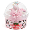 Straw-Dairy Cow 2 Slimes in 1 with pink bow, cow topper, and strawberry milk design in clear dome packaging.