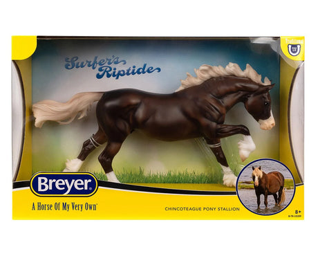 Breyer Surfer's Riptide Pony model in dark brown with flowing white mane and tail inside yellow display box