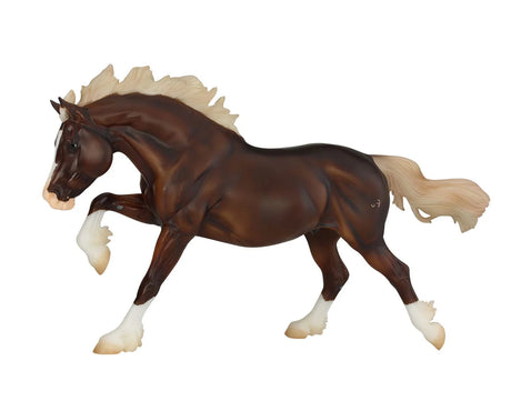 Dark brown horse model with white mane and tail, lifting front leg in a graceful pose against white background