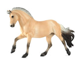 Light tan Norwegian Fjord mare figurine with black-tipped mane and tail posed in mid-stride on white background