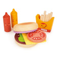 Wooden play food set with buildable burger, French fries, ketchup and mustard bottles in bright colors and friendly faces