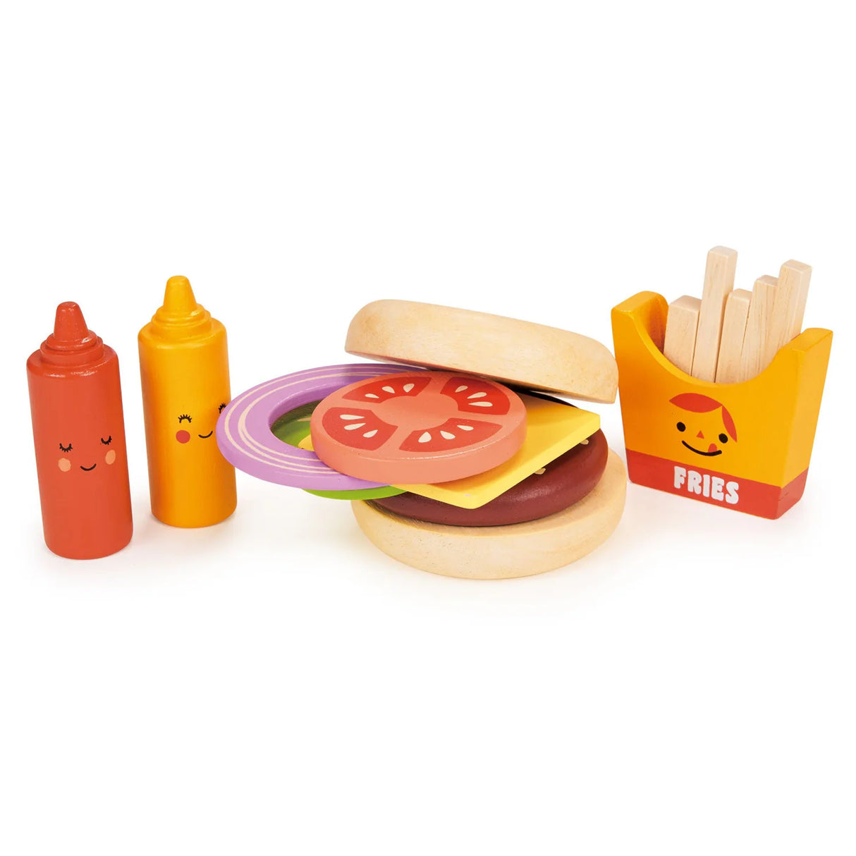 Wooden play food set with stackable burger pieces, fries, and squeeze bottles for imaginative take-out play.