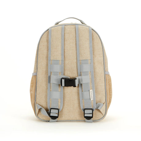 Backpack Toddler | Robot Playdate with beige linen exterior, adjustable straps, chest clip, and mesh side pockets visible from back view.