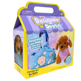 Designer Doggie plush toy with decorate and play pet carrier kit for kids in a colorful purple and yellow box packaging