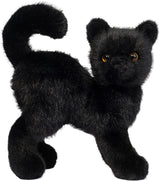 Soft black plush cat with bright eyes and curled tail standing in playful pose, perfect for cozy fall decor or gifts.